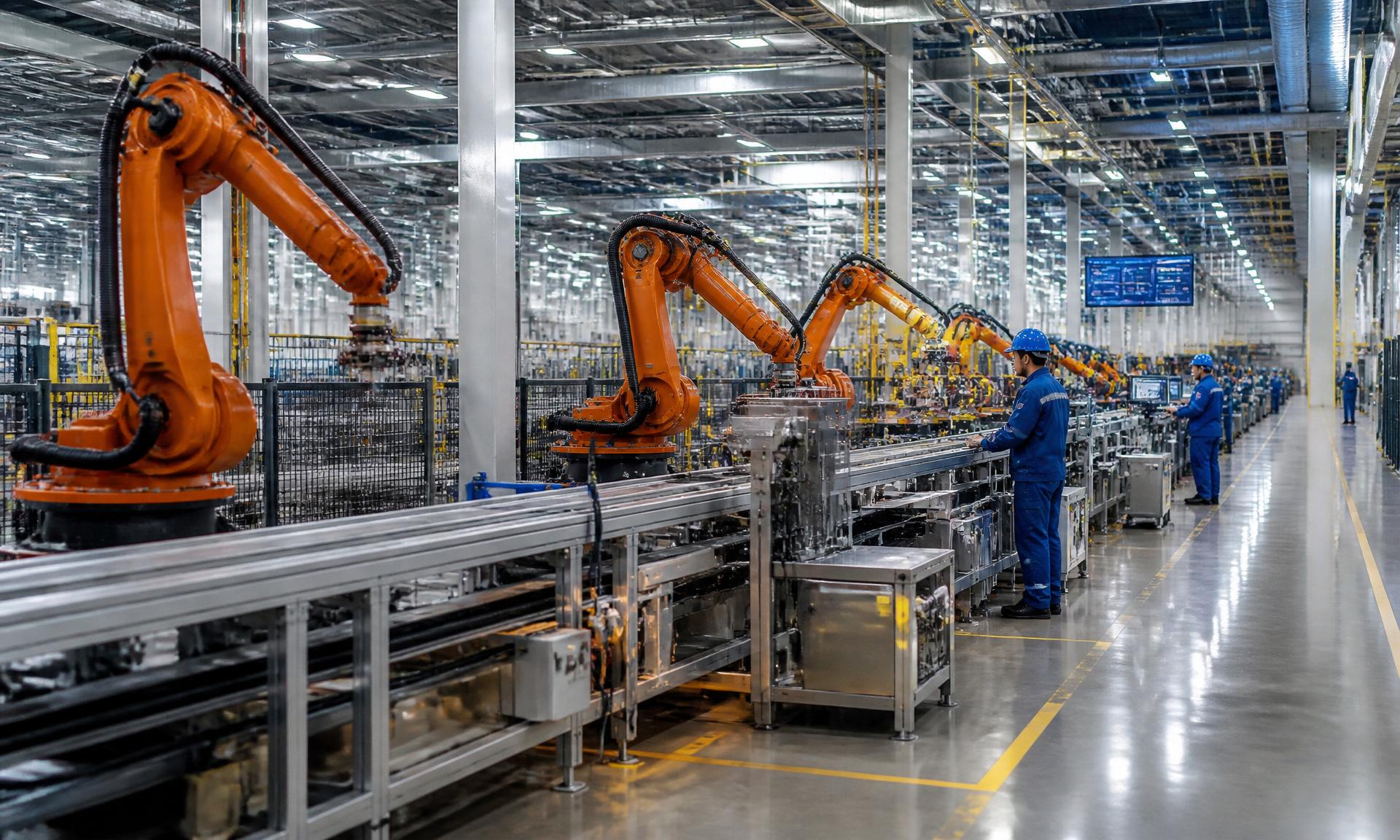 Wnętrze nowoczesnej hali produkcyjnej z ramionami robotycznymi