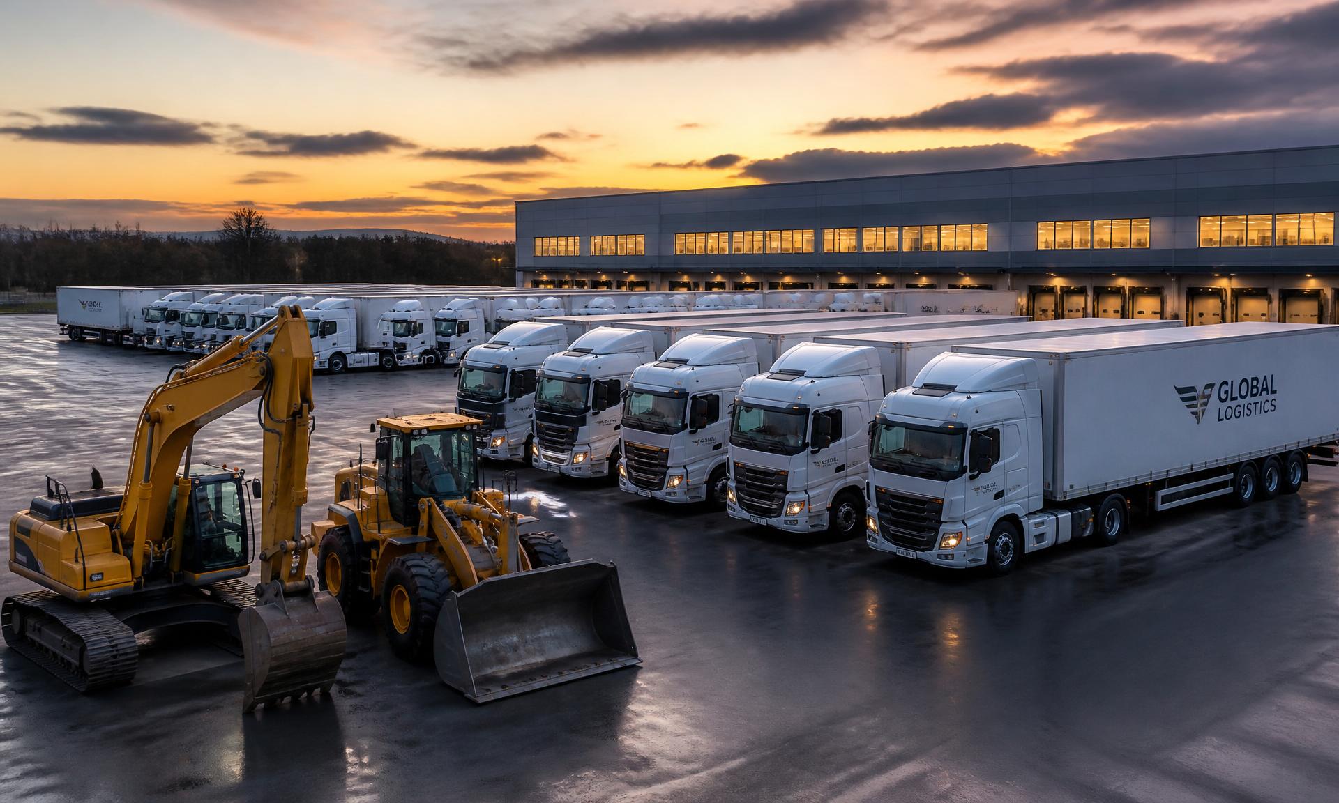 Flota nowoczesnych ciężarówek i maszyn budowlanych przed centrum logistycznym