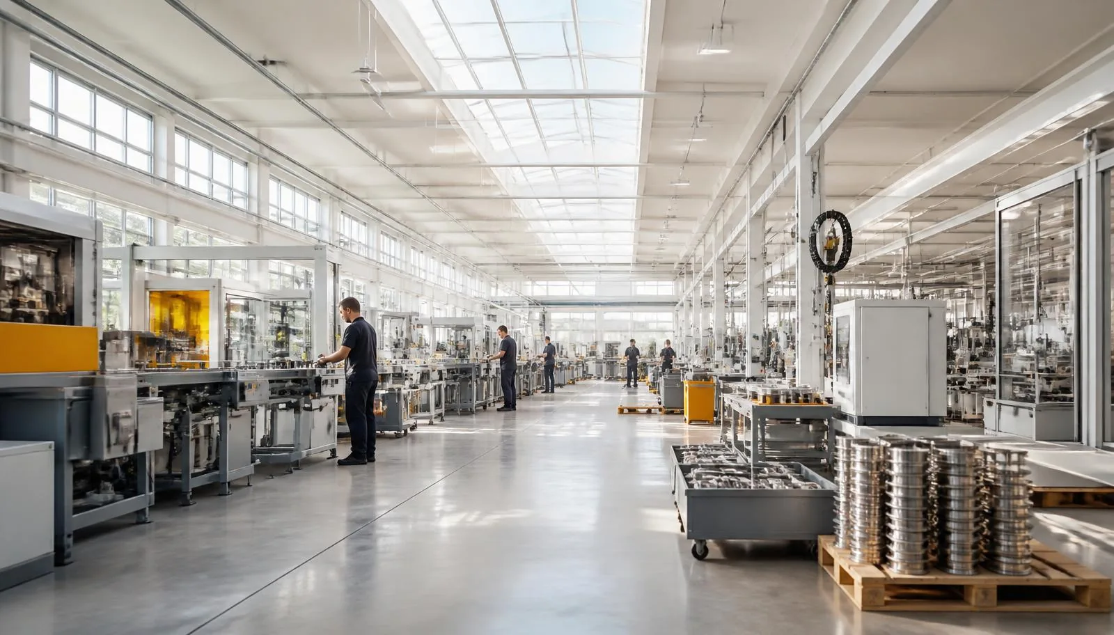Nowoczesny zakład produkcyjny — pracownicy przy linii technologicznej
