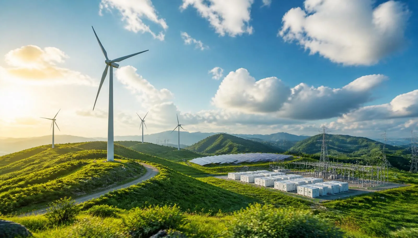 Farma fotowoltaiczna, turbiny wiatrowe i magazyn energii z infrastrukturą sieciową